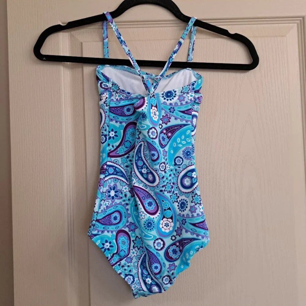 Lands End Girls size 8 swimsuit Paisley ruffle‎ front blue purple one-piece